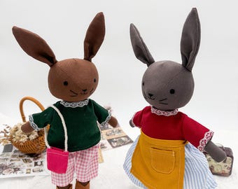 Vintage style handmade couple bunny dolls Fabric plush rabbit toy removable clothes Nursery decore for kids Unique design dolls
