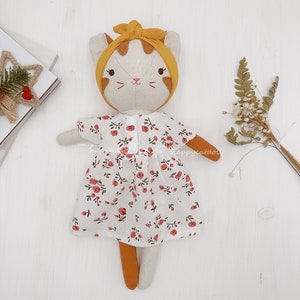 Handmade cat doll with flowers dress/ Embroidered names on request/ Fabric linen stuffed animal toys/ Gift for birthday