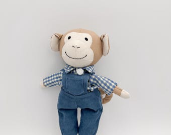 Male monkey doll with response overalls and shirts, Handmade linen doll for boy, Great birthday gift handcrafts, Stuffed toys banana monkey