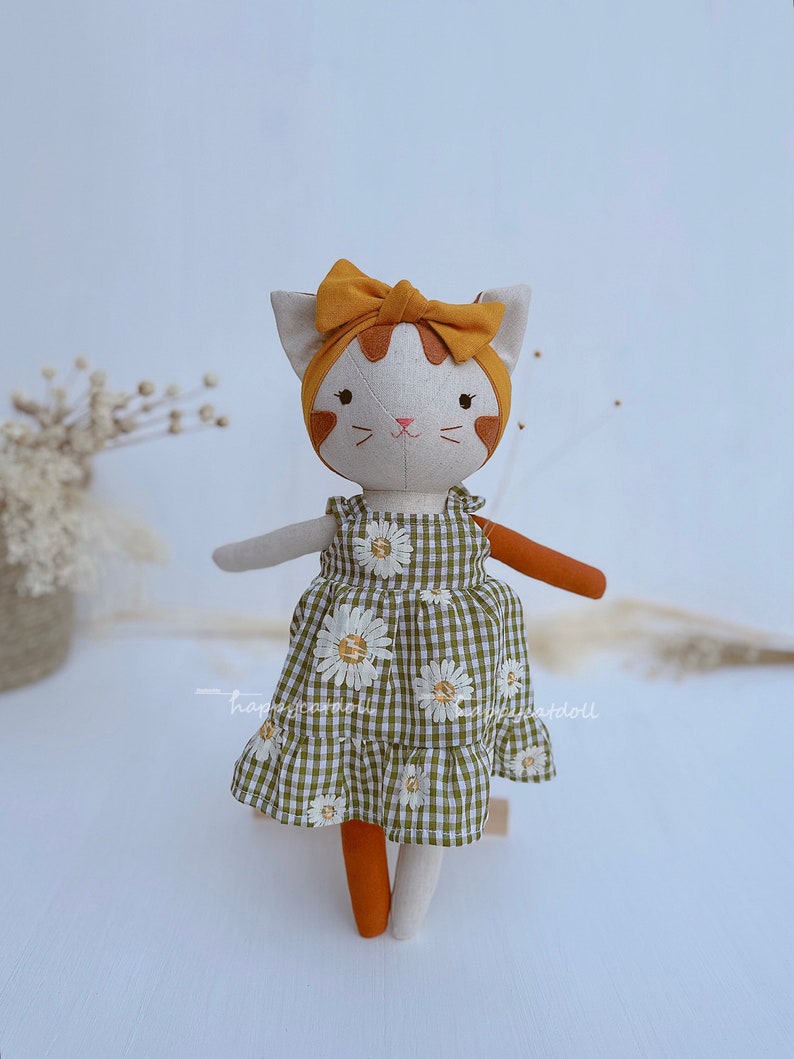 Handcrafted cat doll with dress Handmade natural linen fabric stuffed animal toy kid image 1