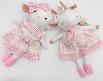 Handmade dolls with pink dresses for girls, Handcrafted Christmas gift for her, Baby shower present, Linen unicorn and sheep doll