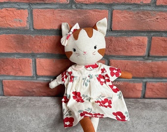 BEST PRICE for Big Size -Handmade tabby cat doll with red flowers dress / Christening gift - First toys - Heirloom keepsake doll
