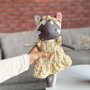 Handmade heirloom grey tabby cat doll, Linen fabric custom doll, Gift for birthday, Christmas gift, Christening gift for baby