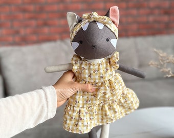 Handmade heirloom grey tabby cat doll, Linen fabric custom doll, Gift for birthday, Christmas gift, Christening gift for baby