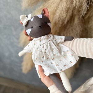 Grey tabby cat doll with rose dress Handmade heirloom stuffed animal toys for nursery Decor home for toddlers image 1