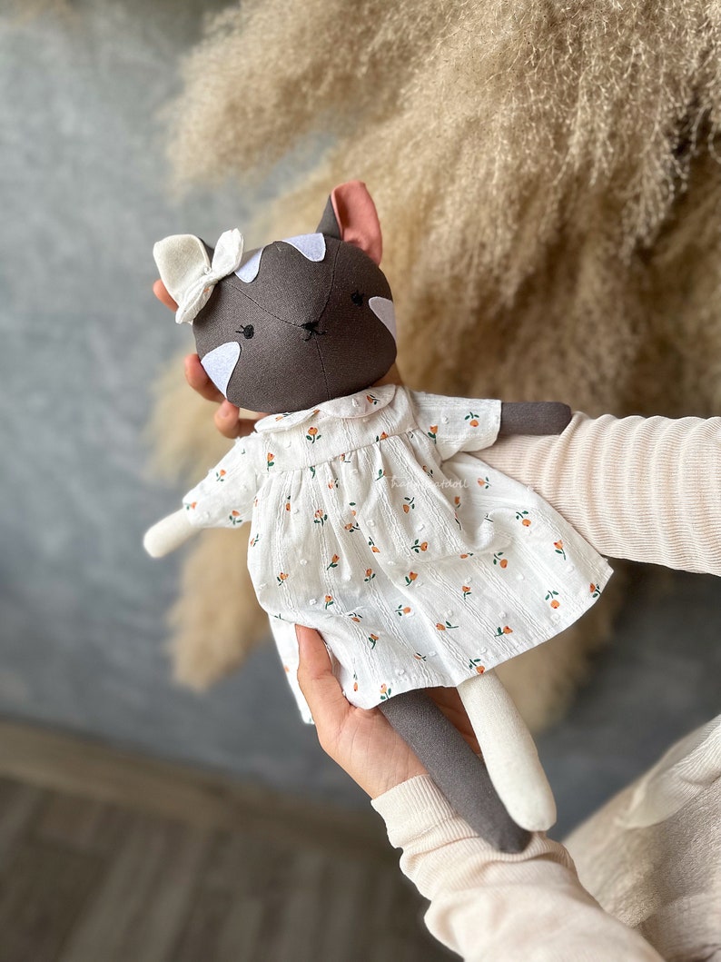 Grey tabby cat doll with rose dress Handmade heirloom stuffed animal toys for nursery Decor home for toddlers image 1