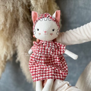 Handmade heirloom cat doll / Stuffed animal by linen fabric toys for kids/ Handcrafted birthday gift Doll with dress