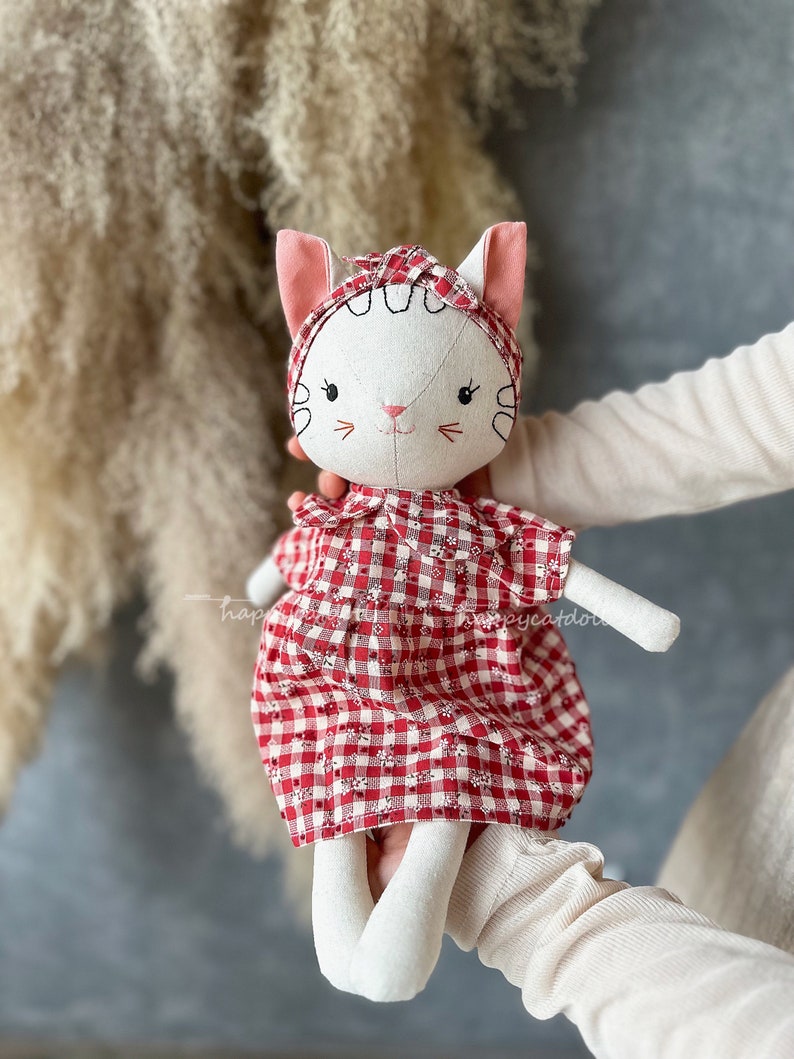 Handmade heirloom cat doll / Stuffed animal by linen fabric toys for kids/ Handcrafted birthday gift Doll with dress