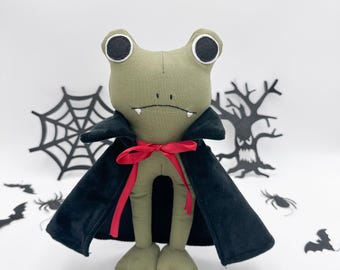 Halloween frog plush with vampire coat Handmade linen frog doll Spooky stuffed animal toy for decoration
