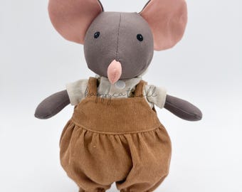 Big size grey mouse doll with a tail, Handmade mouse plush with removable T-shirt and overalls, Stuffed animal linen mice doll
