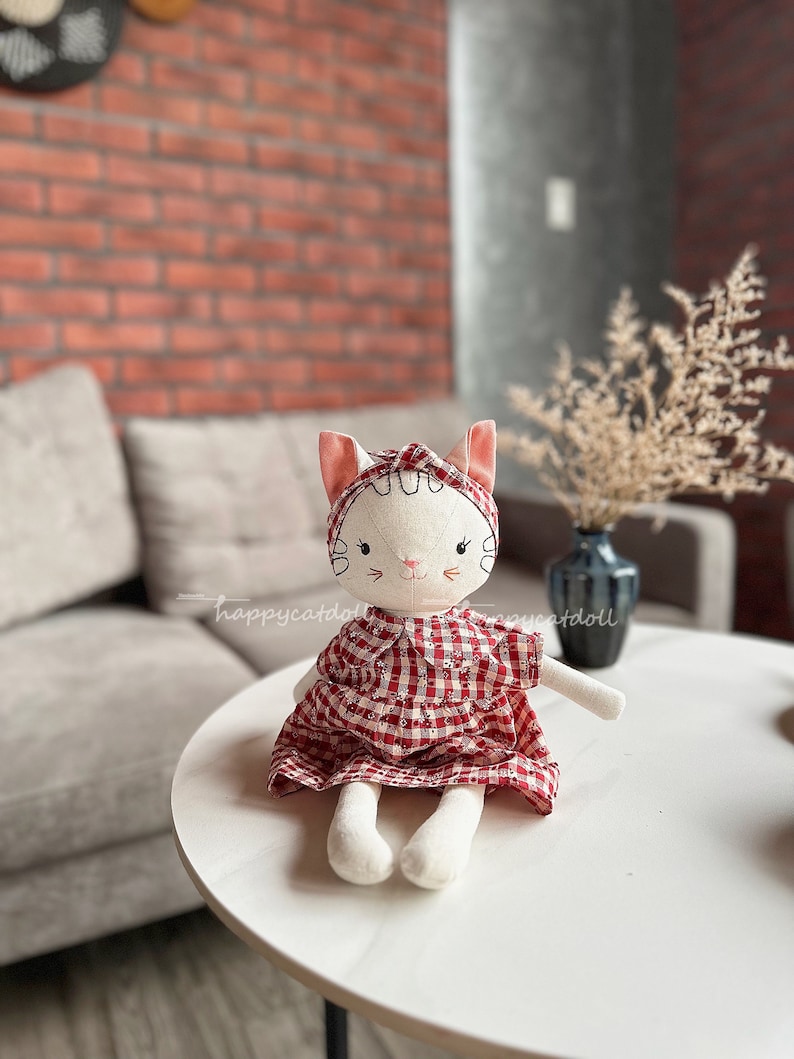 Handmade heirloom cat doll / Stuffed animal by linen fabric toys for kids/ Handcrafted birthday gift image 7