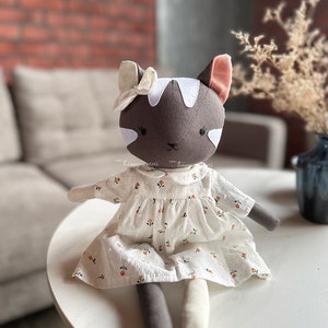 Grey tabby cat doll with rose dress Handmade heirloom stuffed animal toys for nursery Decor home for toddlers image 5