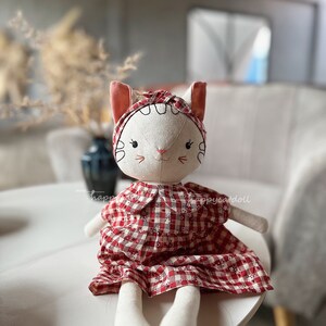 Handmade heirloom cat doll / Stuffed animal by linen fabric toys for kids/ Handcrafted birthday gift image 5