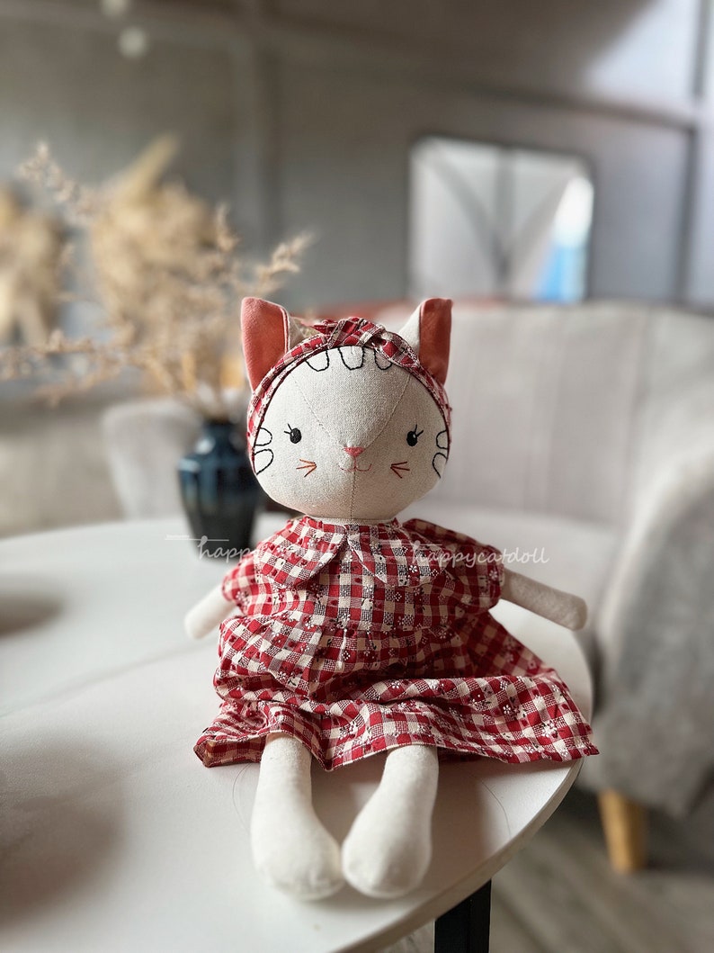 Handmade heirloom cat doll / Stuffed animal by linen fabric toys for kids/ Handcrafted birthday gift image 5