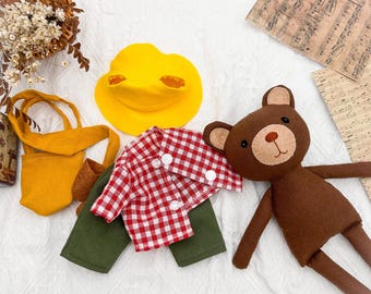 Handmade teddy bear doll with removable outfit Handcrafted stuffed animal toy Unique design doll Great gift for kids Vintage linen doll