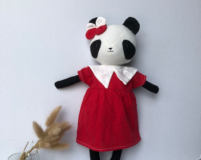 Handcrafted panda doll with dress - Handmade natural linen fabric stuffed animal toy kid