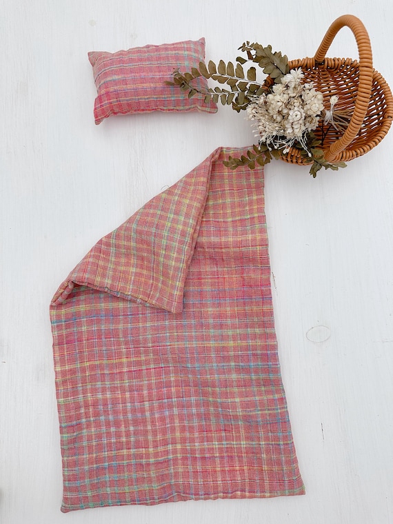 Plaid pattern blankets and pillows for dolls- Super soft fabric - Handmade safe toys for kids