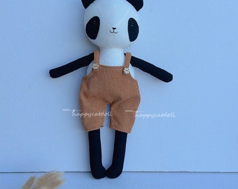 Handmade panda doll with overalls - Gift for Christmas- Easter- Birthday - Present for baby girls/ boys