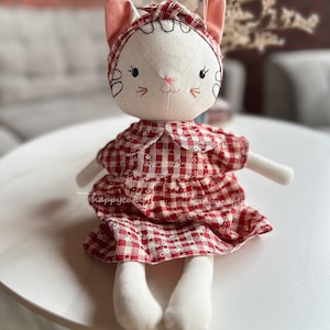Handmade heirloom cat doll / Stuffed animal by linen fabric toys for kids/ Handcrafted birthday gift image 2