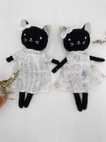 Black cat doll with white floral dresses, handmade kitty plushy, heirloom stuffed animal toys product logo