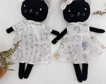 Black cat doll with white floral dresses, handmade kitty plushy, heirloom stuffed animal toys