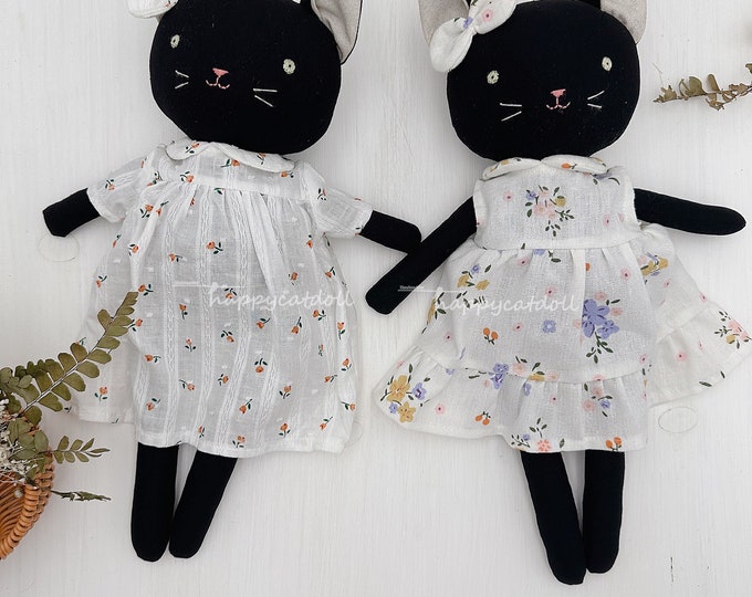 Black cat doll with white floral dresses, handmade kitty plushy, heirloom stuffed animal toys