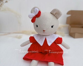 Handmade teddy bear doll with dress - Organic linen fabric stuffed animal toy for girls - 15.7 inches tall