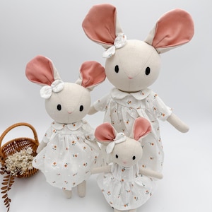 Big Size fabric linen mouse doll with rose dress, plushies heirloom doll, handmade birthday gift for children, first babydoll