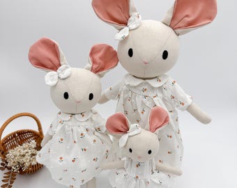Poupée souris en lin en tissu grande taille avec robe rose, poupée ancienne peluches, cadeau d'anniversaire fait main pour enfants, première nuisette