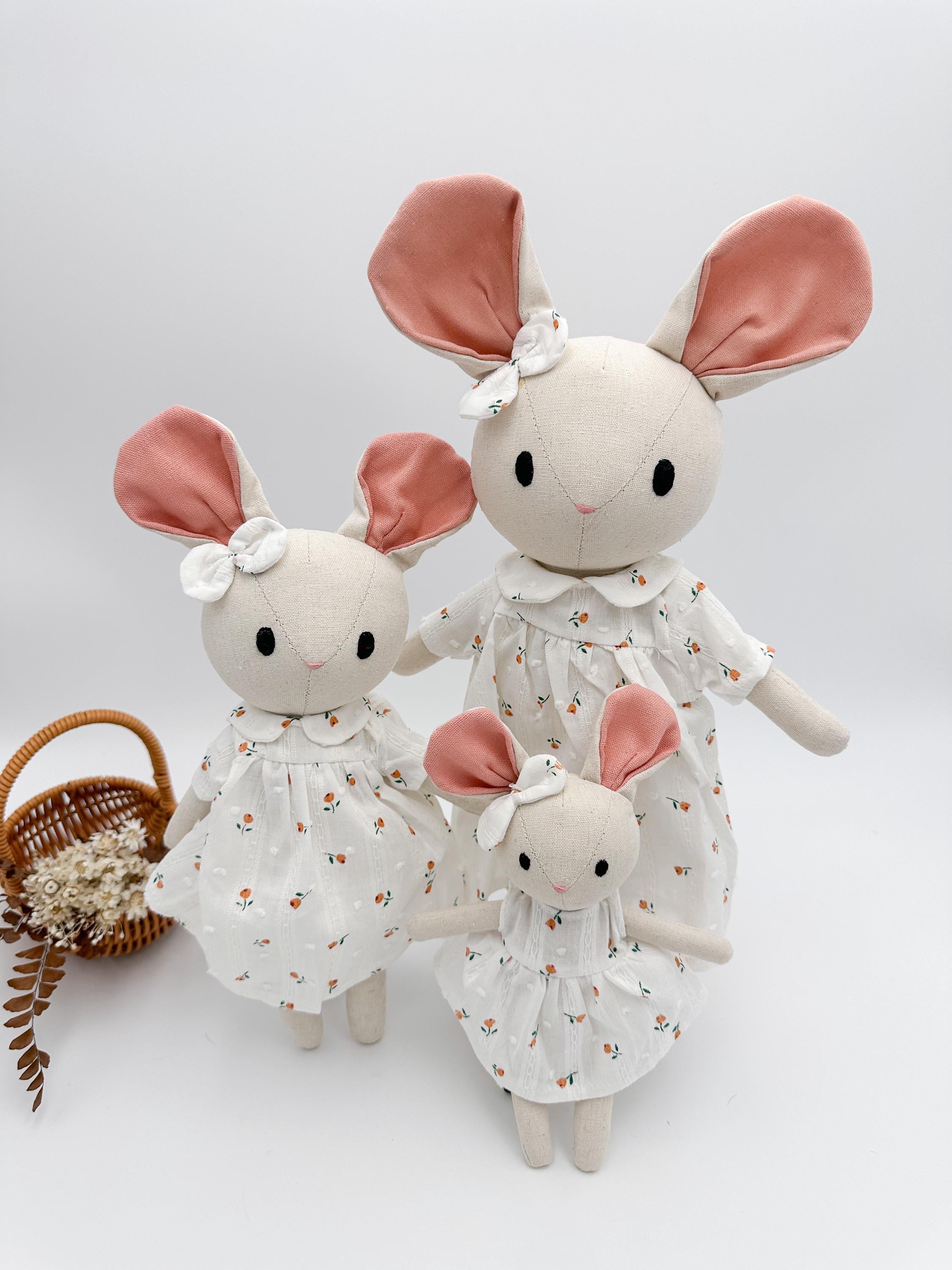 Big Size fabric linen mouse doll with rose dress, plushies heirloom doll, handmade birthday gift for children, first babydoll