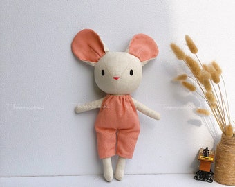 Handmade Fabric Mouse Doll with Overall - Soft toy Doll nature linen fabric - Stuffed animal toys and clothes