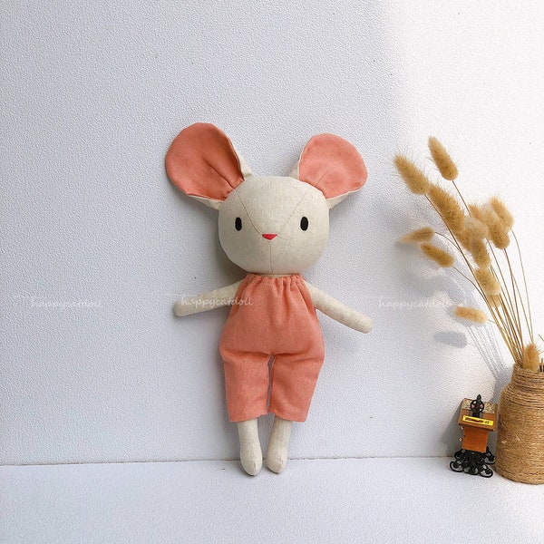 Handmade Fabric Mouse Doll with Overall - Soft toy Doll nature linen fabric - Stuffed animal toys and clothes