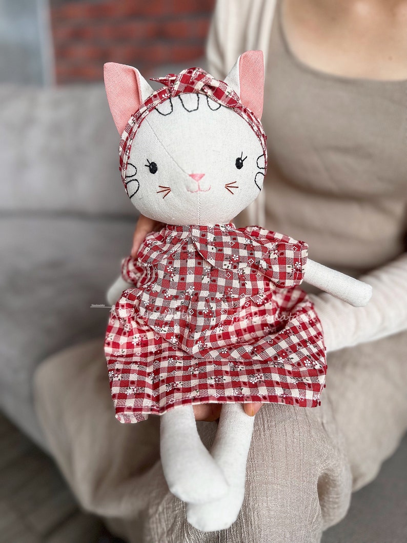 Handmade heirloom cat doll / Stuffed animal by linen fabric toys for kids/ Handcrafted birthday gift image 8