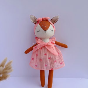 Christmas gift- Handmade deer doll with dress- Soft stuffed animal toys- Heirloom art doll- FREE hand embroidery Name