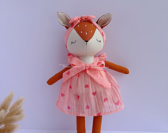 Christmas gift- Handmade deer doll with dress- Soft stuffed animal toys- Heirloom art doll- FREE hand embroidery Name