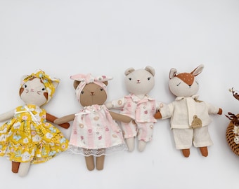 COMBO SET pocket teddy bear doll, cat doll, fawn doll with extra outfits, Handmade mini dolls for dollhouse, Tiny doll for decorating