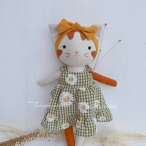 Handcrafted cat doll with dress Handmade natural linen fabric stuffed animal toy kid image 10