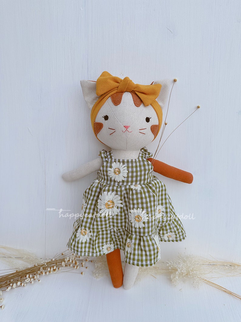 Handcrafted cat doll with dress Handmade natural linen fabric stuffed animal toy kid image 10