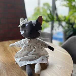 Grey tabby cat doll with rose dress Handmade heirloom stuffed animal toys for nursery Decor home for toddlers image 4