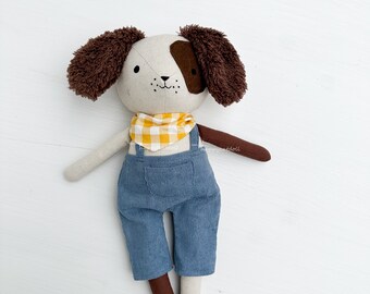 Handmade puppy dog linen fabric doll, Soft toys for children, Unique handcrafted art doll, Birthday gift for kids