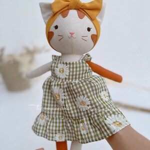 Handcrafted cat doll with dress Handmade natural linen fabric stuffed animal toy kid image 6