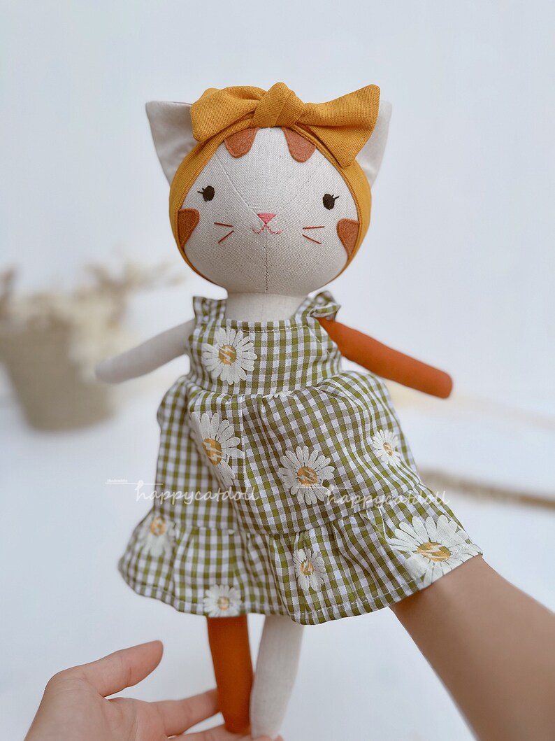 Handcrafted cat doll with dress Handmade natural linen fabric stuffed animal toy kid image 6