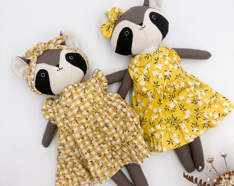 Big size handmade linen raccoon doll with dress, stuffed animal raccoon plush toy, handmade gift for children, easter birthday kids present