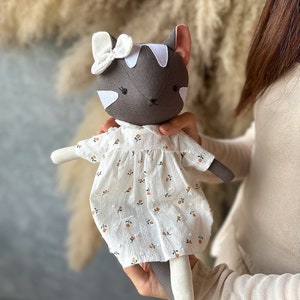 Grey tabby cat doll with rose dress Handmade heirloom stuffed animal toys for nursery Decor home for toddlers image 3