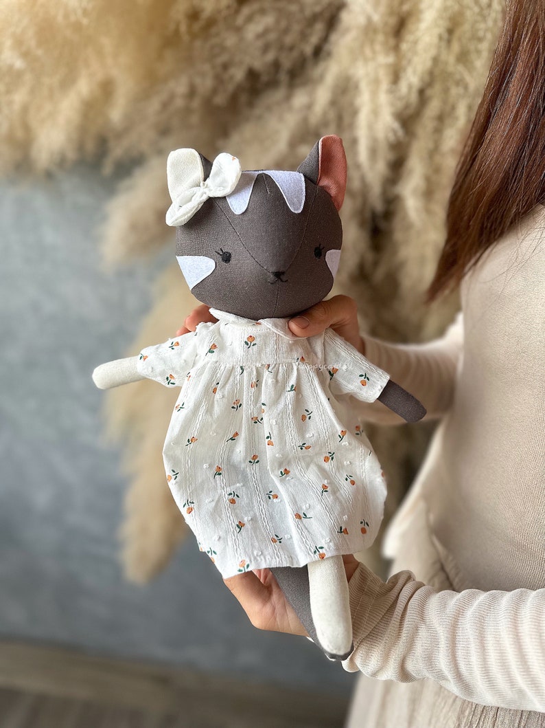 Grey tabby cat doll with rose dress Handmade heirloom stuffed animal toys for nursery Decor home for toddlers image 3