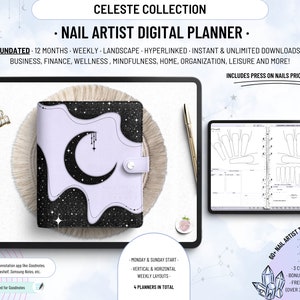 May include: A digital planner for nail artists with a black and white moon and stars design. The planner includes 12 months of weekly layouts, 60+ nail art templates, and over 350 digital stickers.
