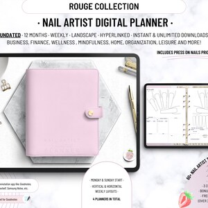 Pode incluir: Um planejador digital rosa para artistas de unhas com o texto "Nail Artist Planner" na capa. O planejador inclui mais de 250 páginas, 150 modelos, páginas sem data, 10 papéis para notas, 3 cadernos personalizados, 200 adesivos de ícones e mais de 350 adesivos digitais.