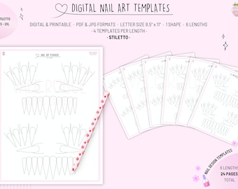 May include: Printable nail art templates for stiletto nails. The set includes 24 pages with 6 different lengths, each with 4 templates. The templates are designed for letter size paper, 8.5 inches by 11 inches.