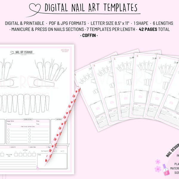 Coffin Nail Art Templates with Text Boxes | 6 Lengths | Nail Sketch, Drawings | Practice Nail Designs | Doodle Nails | Printable Nail Sheets