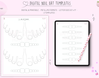 Pies Plantillas de Arte de Uñas / 2 Plantillas / Boceto de Uñas, Dibujos / Práctica Diseño de Uñas / Uñas Doodle / Hoja de Uñas Imprimible / Planificación de Uñas